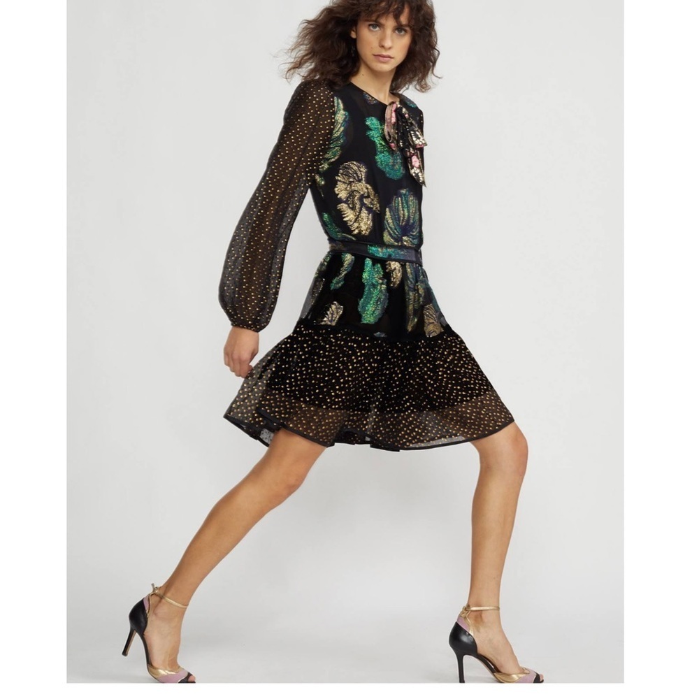 Cynthia Rowley Inverness Metallic Sheer Silk Mini Dress Black Fish Size 6 - Picture 2 of 13